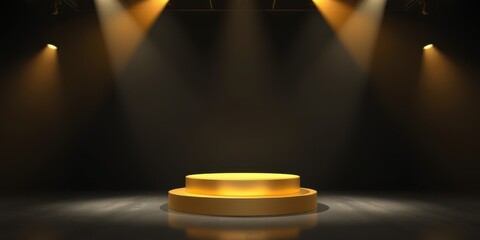 Elegant two-tiered circular golden podium stage under spotlight illumination against a dark background.