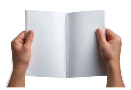 Hands holding open blank white paper isolated on a transparent background