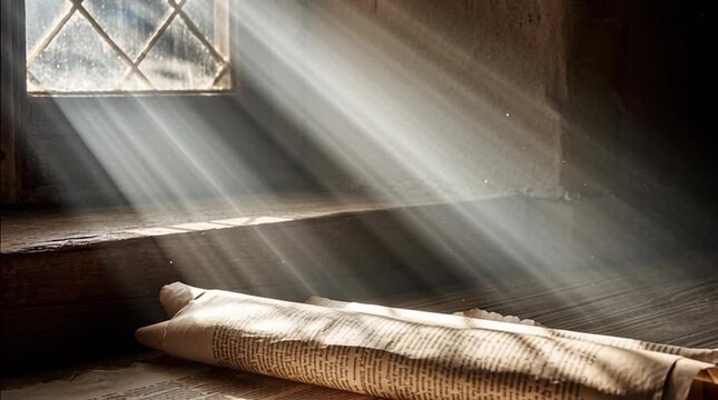 Cinematic shot of a brilliant sunbeam from a high window illuminating an open scroll of Isaiah&rsquo;s prophecy in Mary&rsquo;s room &mdash; the moment the angel appears.
