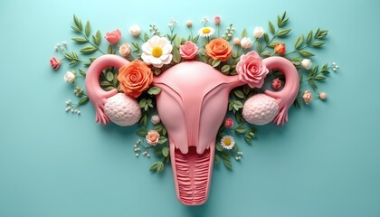 Uterus model with flowers on blue background. Reproductive female system with floral decoration. Concept of feminine health, wellness. Medical illustration for gynecology, obstetrics topics,