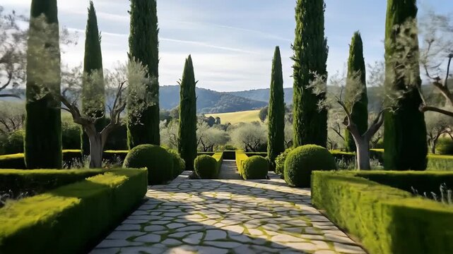 Sunlit Mediterranean Cypress Garden with Stone Path and Sculpted Boxwood Hedges.