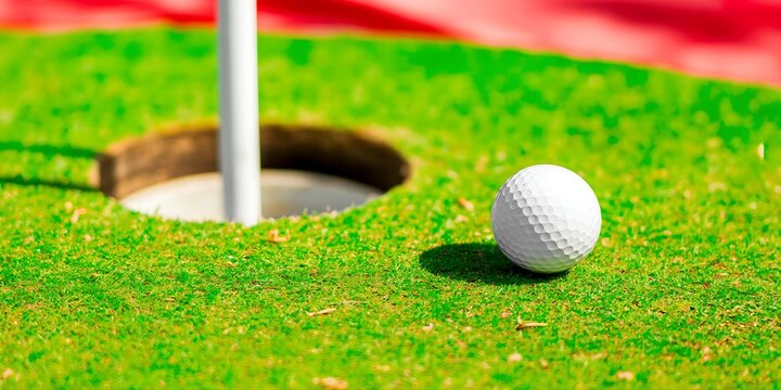 Close up of white golf ball near hole on green grass golf hole golf course