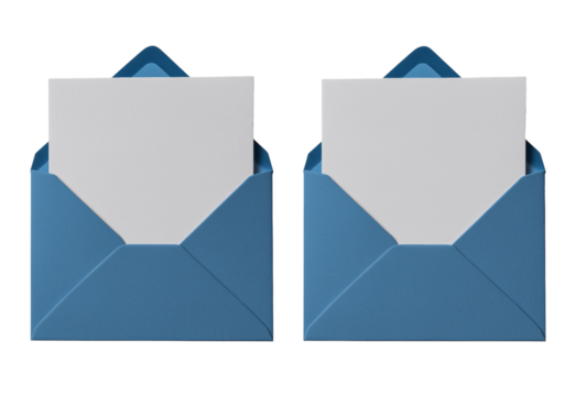 Two blue envelopes with white cards isolated on a transparent background