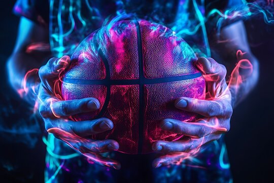 Vibrant neon energy surrounding a basketball held with intensity