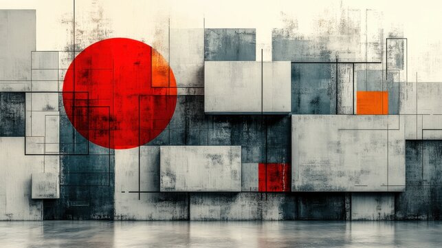 Abstract Geometry with Bold Red Circle and Gray Rectangles