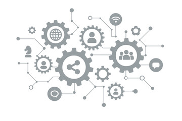 Technology Mechanism Concept with Integrated Gears and Digital Icons for Internet Strategy, Network Connection, Communication, Social Media, and Digital Interaction