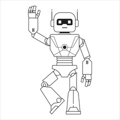 Black and White Robot Waving Hand Vector | Simple Flat Line Art Robot Saying Hi