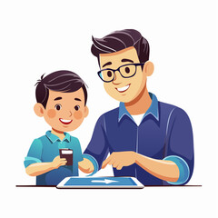 Father and son using tablet together learning