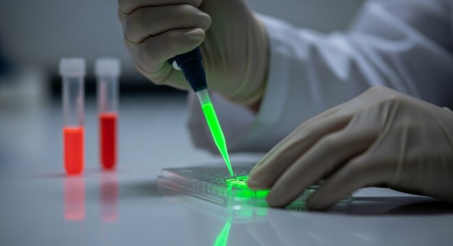 Cutting-edge scientific research reveals promising results with glowing green liquid and vibrant red samples in modern laboratory for medical breakthroughs - Powered by Adobe