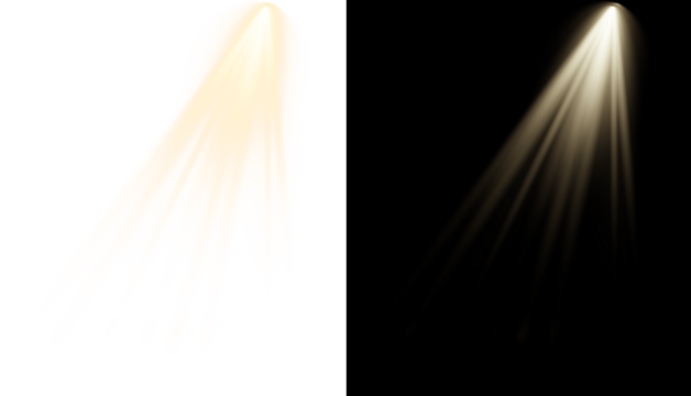 Stylized golden spotlight beam PNG. Graphic stage light effect.