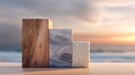 Three blocks of wood, marble, & granite form steps against a blurred horizon