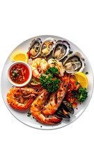 Seafood platter with grilled shrimp, oysters, and mussels