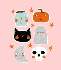 Cute Halloween Vector Card with Cartoon Characters: Smiling Zombie Head, Pumpkin, Black Cat, Ghost, Crescent Moon, And Skull — All Accented With Orange Stars. Funny Pink Halloween Card.