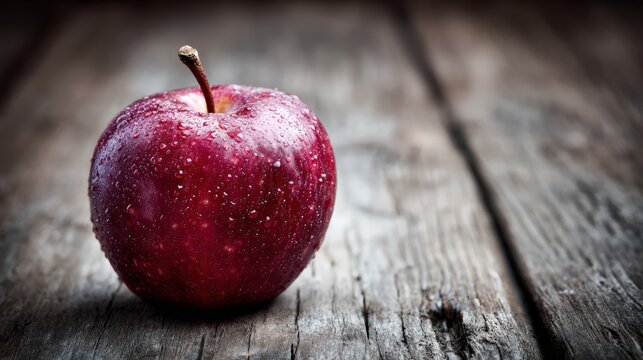 Fresh red apple with water droplets on rustic wooden surface - Powered by Adobe