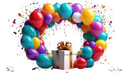 Colorful balloon wreath encircles a gift box