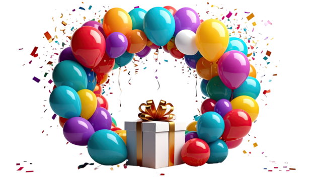 Colorful balloon wreath encircles a gift box