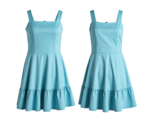 Light-blue sleeveless, square-neck, A-line dress with ruffles.  Two views shown
