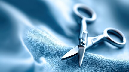 Close up of scissors on soft blue fabric for crafting and tailoring projects