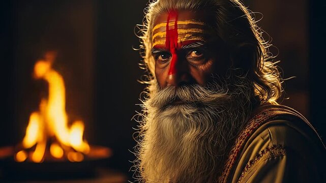 Elder bearded man with forehead paint in warm firelight portrait capture.