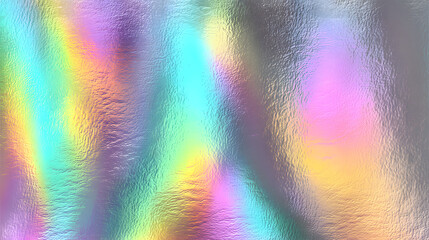 Iridescent holographic rainbow foil background with pastel pearlescent gradient and speckled metal texture vector