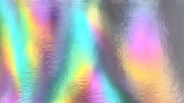 Iridescent holographic rainbow foil background with pastel pearlescent gradient and speckled metal texture vector