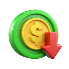 3d coin with downward arrow isolated on transparent background