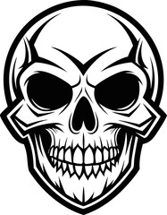 Skull, vector line art icon, black and white, white background