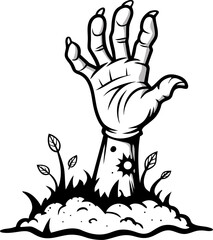 Zombie hand coming out of ground, vector line art icon, black and white, white background