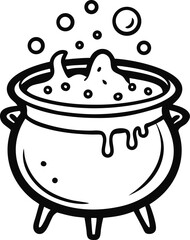 Cauldron with bubbling potion, vector line art icon, black and white, white background