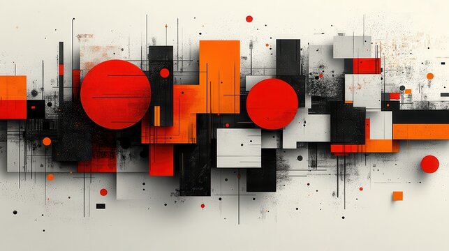 Abstract Geometric Art with Red, Orange, Black, and White Shapes
