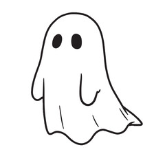 Cute simple cartoon ghost with black eyes on white background