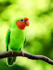 Vibrant Green Bird with Red Face Posing on a Branch in a Lush Green Background