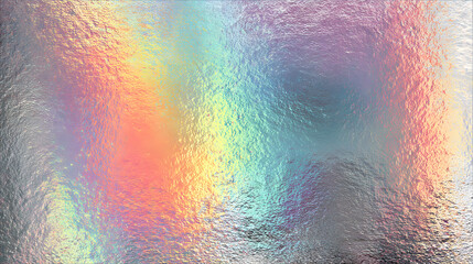 Iridescent holographic rainbow foil background with pastel pearlescent gradient and speckled metal texture vector