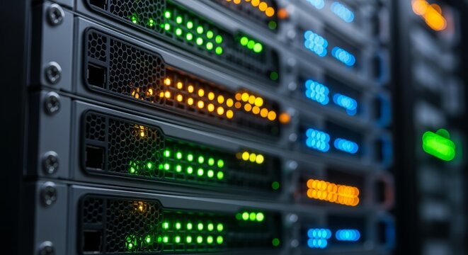 Powerful data servers humming in a modern data center with vibrant blue, green, and orange lights indicating optimal performance and secure connectivity - Powered by Adobe