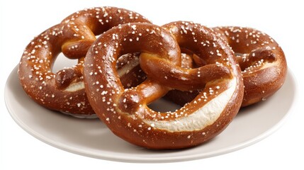 Three soft pretzels on a white plate showcasing traditional snack appeal