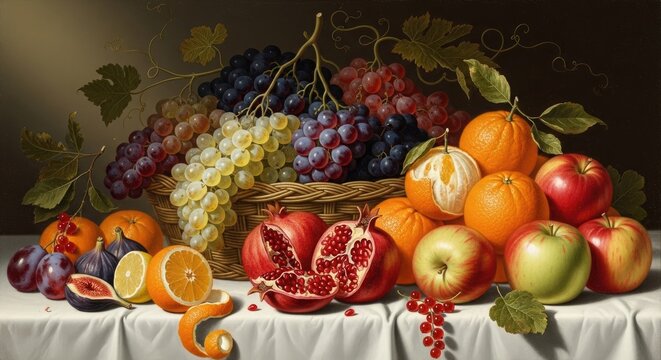 Still Life of Fresh Fruits and Grapes on a Tablecloth