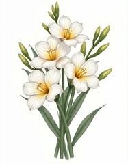 Fototapeta premium Illustration shows freesia flowers with green leaves. The design features white petals with yellow centers. It can be used for different designs.