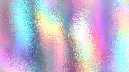 Iridescent holographic rainbow foil background with pastel pearlescent gradient and speckled metal texture vector