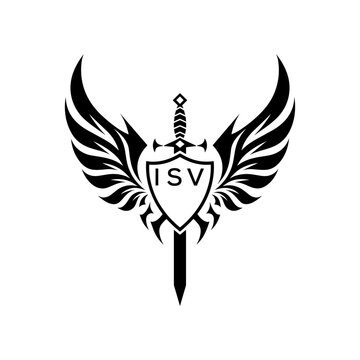 Winged Sword and Shield Logo with ISV Letters, ISV Later Logo, Heraldic Emblem, Black and White Vector Design
