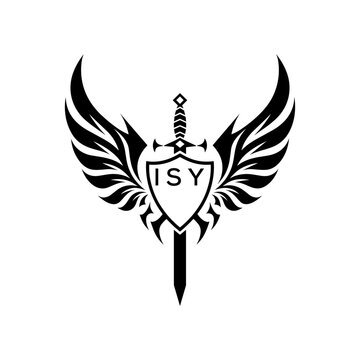 Winged Sword and Shield Logo with ISY Letters, ISY Later Logo, Heraldic Emblem, Black and White Vector Design
