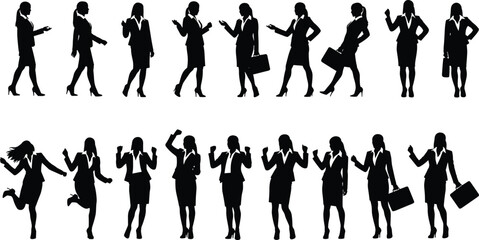 Businesswoman silhouette, confident female poses, career success, office gestures, leadership stance, professional woman, corporate action, dynamic movement, workplace expression, empowerment