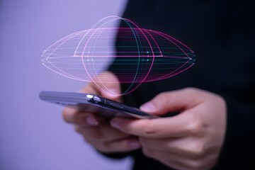 Woman using a smartphone with a holographic projection showcasing modern technology and digital connectivity for business and communication