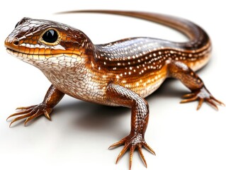 Naklejka premium Detailed Close-Up of Colorful Lizard with Striped Skin and Gleaming Eyes on White Surface