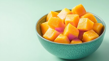 A bowl filled with candied pumpkin cubes on a pale green backdrop, Generative AI.