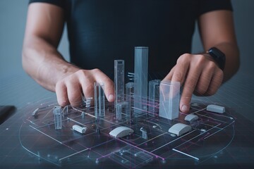 Hands interacting with a futuristic city model showcasing urban planning and smart city technology for architectural visualization and design