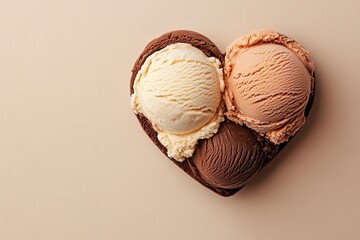 A heart-shaped design with chocolate and vanilla ice cream on opposite sides set against a pastel beige backdrop, Generative AI.
