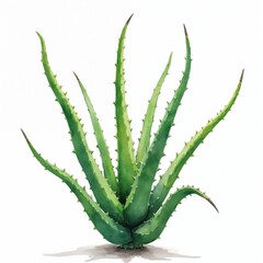Watercolor painting of a vibrant green aloe vera plant. Its spiky succulent leaves reach upwards against a clean white background, suggesting natural remedies and skincare benefits.