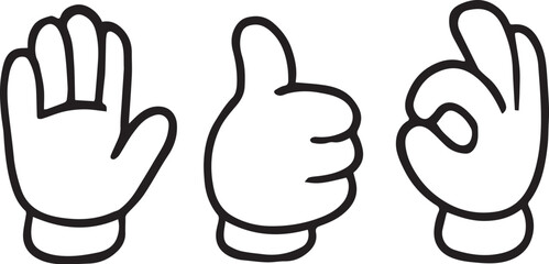 Fototapeta premium Hand gesture icon set in black outline with open palm, thumbs-up, and OK sign for communication and expression themes