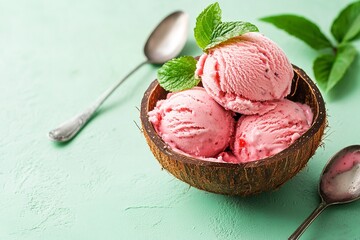 A spoon and scoops of strawberry ice cream in a coconut shell on a pale green backdrop, Generative AI.