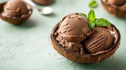 A spoon and scoops of chocolate ice cream in a coconut shell on a pale green backdrop, Generative AI.